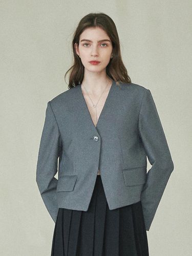 Collarless Blazer - Gray - LeftSeoul - Modalova