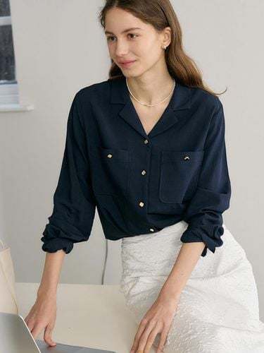 Gold Button Open Collar Shirt_Dark Navy - ANEDIT - Modalova