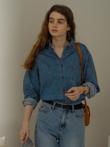 Button-Down Washing Denim Shirt_Blue - TILLIDIE - Modalova