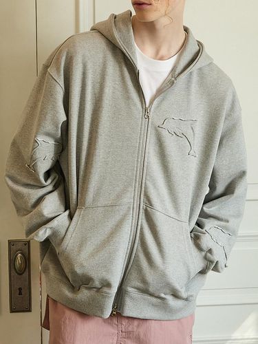 Applique Washed Zip Up Hoodie - WAIKEI - Modalova