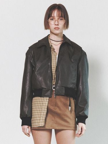 Leather High Neckline Cropped Blouson_Khaki Brown - NUAKLE - Modalova