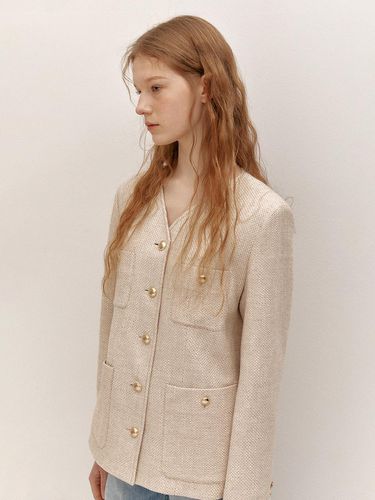 Collarless V-Neck Tweed Jacket (L/Beige) - AVA MOLLI - Modalova