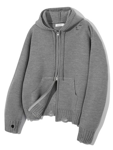 Distressed Hooded Zip-Up Sweater - BASEMOMENT - Modalova