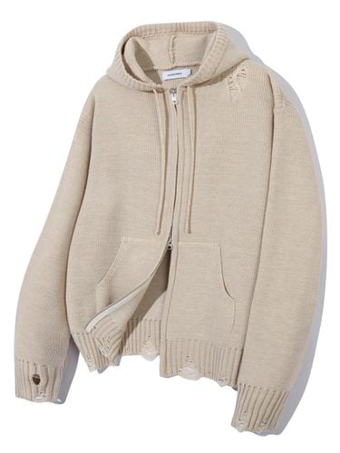 Distressed Hooded Zip-Up Sweater - BASEMOMENT - Modalova