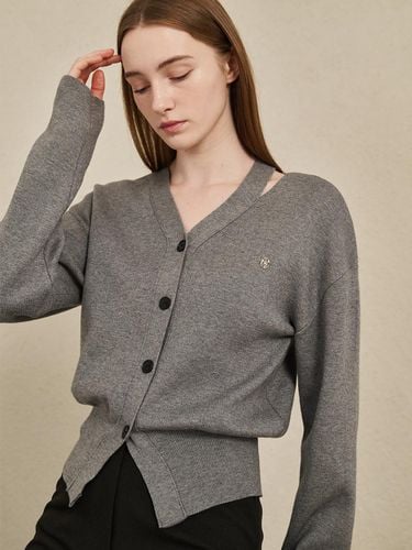 V-neck Cut Out Cardigan - M. Gray - Nouve - Modalova