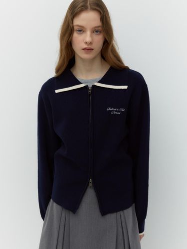 Collar Zip Up Cardigan (Navy) - DEPOUND - Modalova