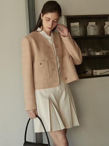 V-Neck Crop Jacket - Beige - BEMUSE MANSION - Modalova