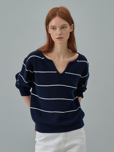 Split Neck Striped Sweater - Navy - Lamerei - Modalova