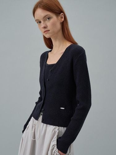 Boucle V-neck Cardigan - Navy - Lamerei - Modalova