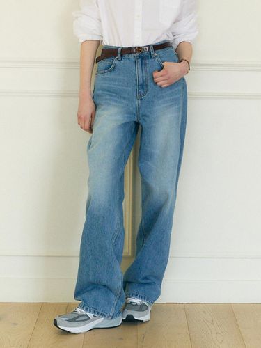 Washed Seamed Design Wide Leg Jeans - Medium Blue - OSTKAKA - Modalova