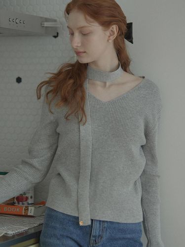 V-Neck Tie Knit (Melange Gery) - NONLOCAL - Modalova