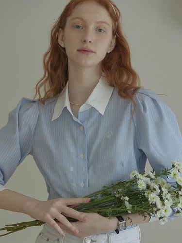 Puff Sleeve Stripe Shirts (Blue) - NONLOCAL - Modalova