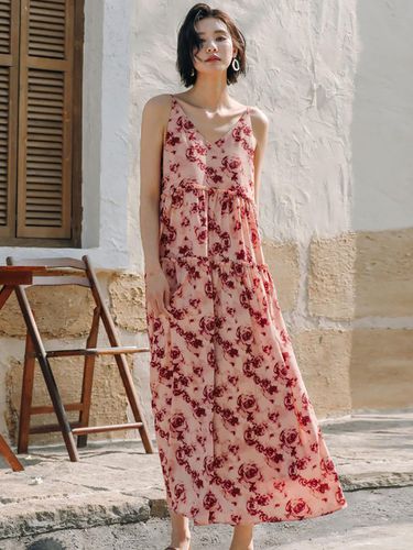 V Neck Pink Rose Printed Dress - LANGSON - Modalova