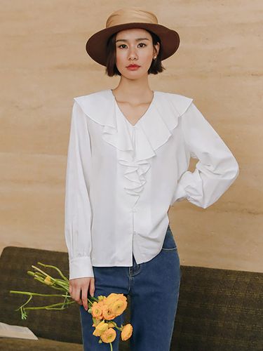 Wavy Frill V Neck Blouse - LANGSON - Modalova