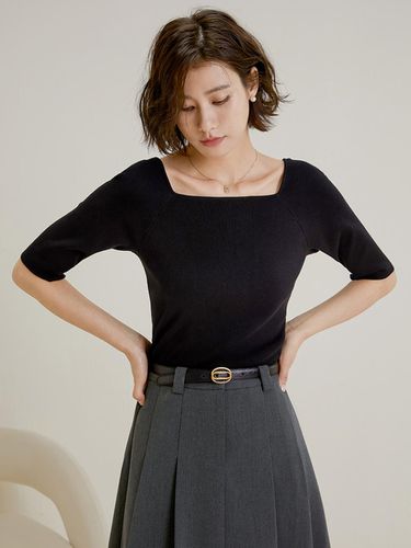 Black Square Neck Short Knit Top - LANGSON - Modalova