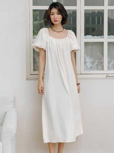 Gathered Neck Long Dress_White - LANGSON - Modalova