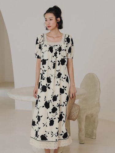 Black Flower Bubble Sleeve Dress - LANGSON - Modalova