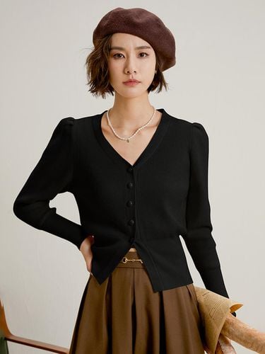 Bubble Sleeve V Neck Cardigan_Black - LANGSON - Modalova