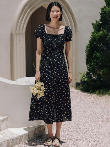 Floral Square Neck Black Dress - LANGSON - Modalova