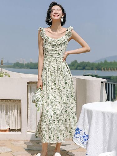 Green Ruffle Floral Long Dress - LANGSON - Modalova