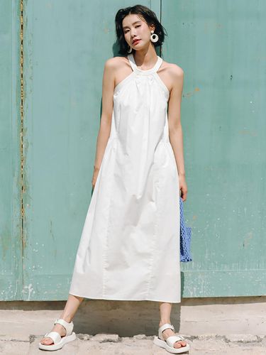 White Plain Halter Neck Long Dress - LANGSON - Modalova