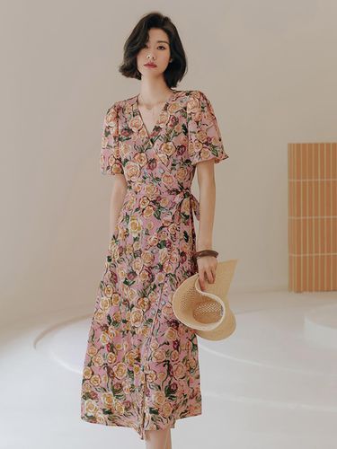 Flower Ribbon V Neck Dress - LANGSON - Modalova