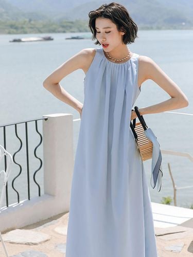 Classy Blue Halter Neck Sleeveless Dress - LANGSON - Modalova