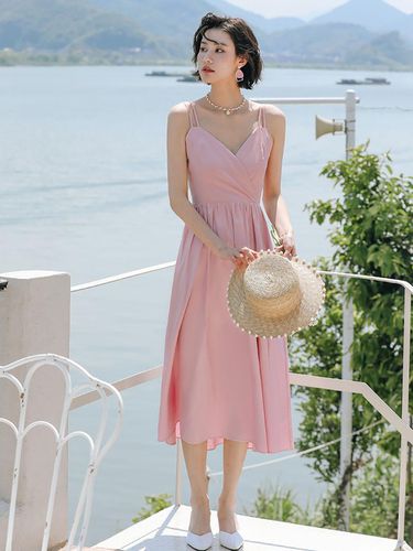 Pink Slim Lap Simple Dress - LANGSON - Modalova