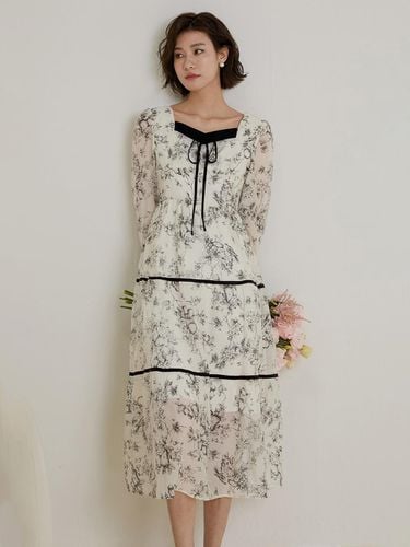 Flower Print Black Line Dress - LANGSON - Modalova