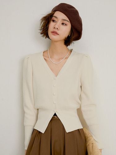 Bubble Sleeve V Neck Cardigan - LANGSON - Modalova