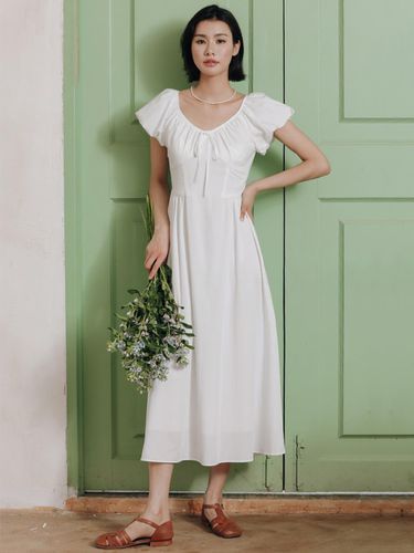 Round Neck Puff Tie Dress - LANGSON - Modalova