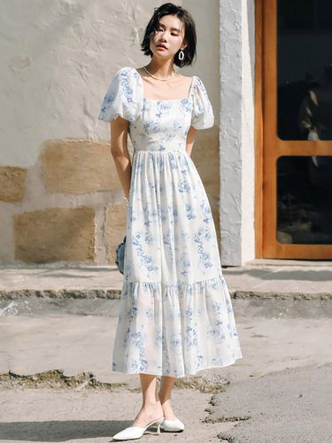 French Square Neck Puff Long Dress - LANGSON - Modalova