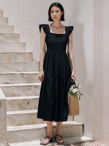 Black Square Neck Frill Long Dress - LANGSON - Modalova