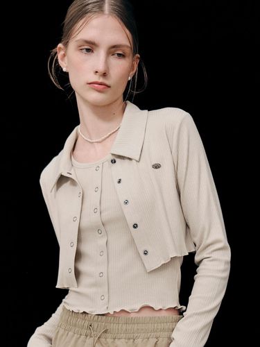 Snap-Button collared Ribbed Cardigan Beige - GENERAL IDEA - Modalova