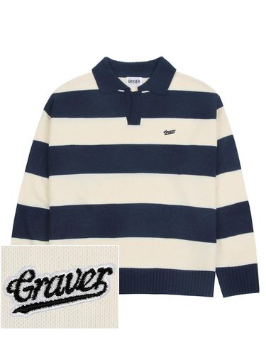 Baseball Logo Embroidery Stripe Collar Knit Top - GRAVER - Modalova