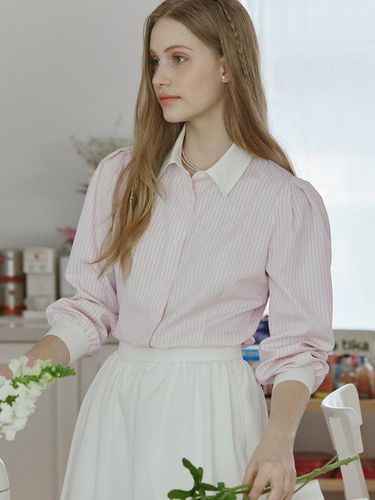 Puff Sleeve Stripe Shirts (Pink) - NONLOCAL - Modalova