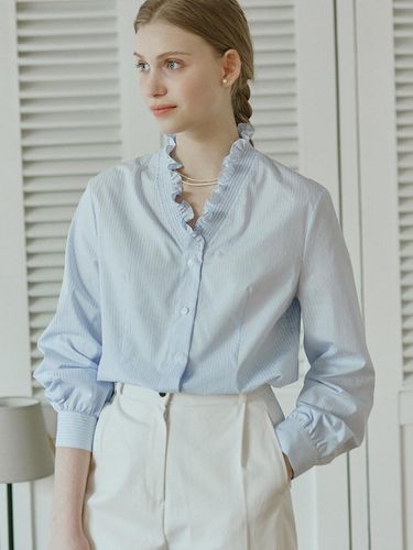 Frill Collar Stripe Blouse (Blue) - NONLOCAL - Modalova