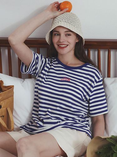 Logo Stripe Round Neck Cotton T-shirt [] - CHARMEUSE - Modalova