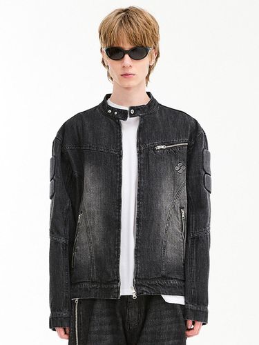 Embossed Denim Biker Jacket Black - HOODHOOD - Modalova