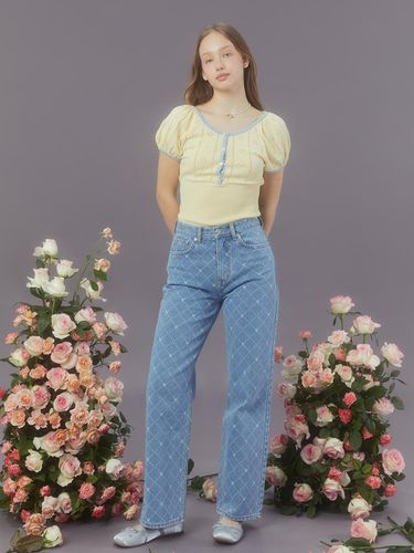 Heart Argyle Denim Pants - margarin fingers - Modalova