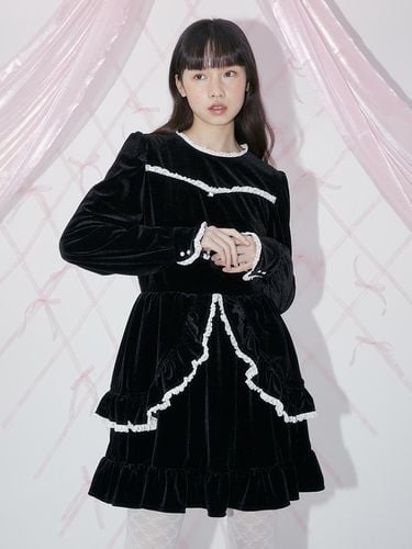 Frill Velvet Dress - Black - margarin fingers - Modalova