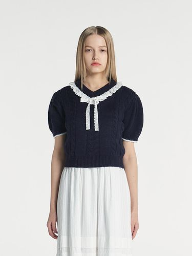 V-neck Frill Cropped Knit - Navy - margarin fingers - Modalova