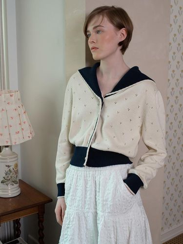 Sailor Collar Eyelet Cardigan - VOCAVACA - Modalova