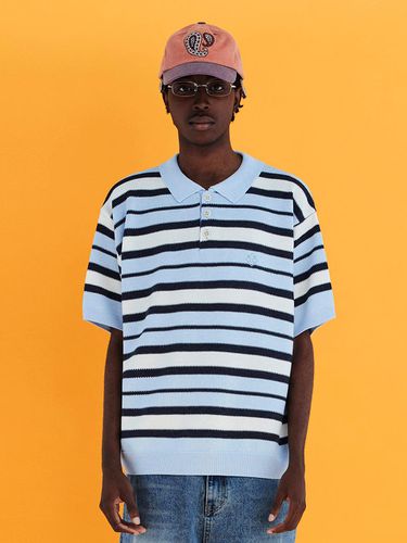 Stripe Knit Polo Shirt_Sky Blue - UNALLOYED - Modalova