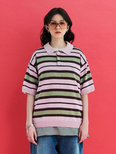 Stripe Knit Polo Shirt_Pink - UNALLOYED - Modalova