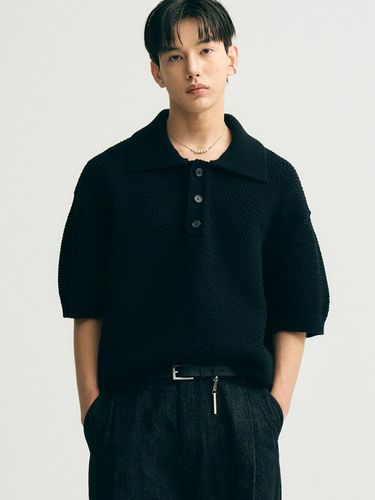 Oversized Heavy Polo Half Knit Top_Black - NOIRER - Modalova