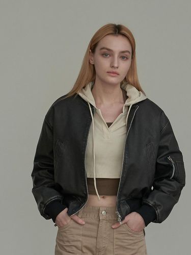 Oversized Cropped Washed Faux-Leather Bomber - SPERONE - Modalova