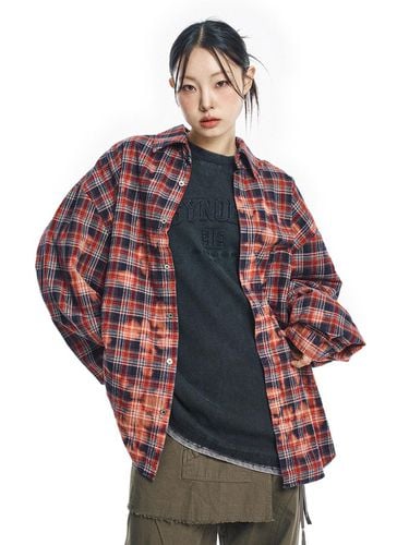 Bleach Washed Plaid Shirt - Red - EASY NO EASY - Modalova