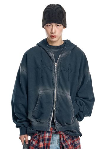 Washed Patch Oversized Zip Up Hoodie - EASY NO EASY - Modalova