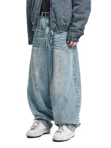 Oil Washed Wide Fit Denim Baggy Pant - EASY NO EASY - Modalova